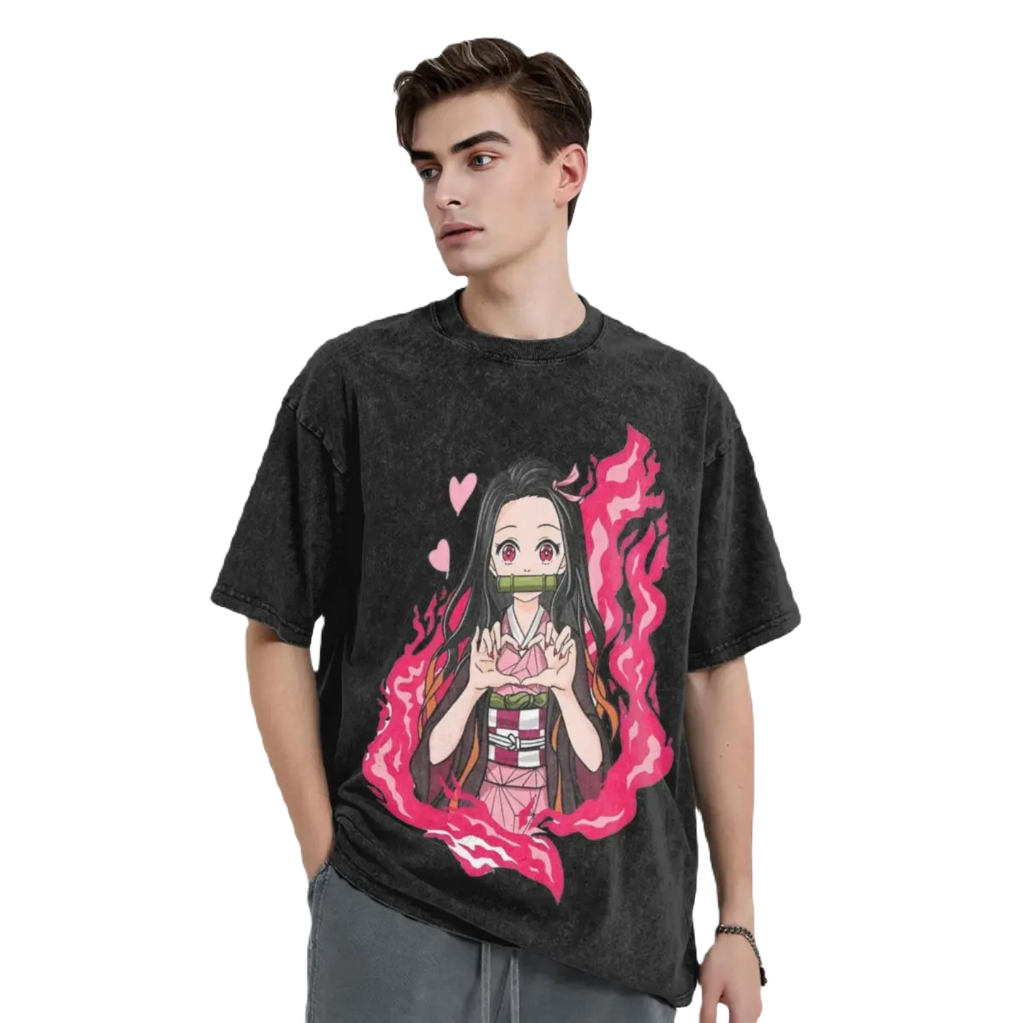 Anime Motiv Washed Cotton Tee - Nezuko Heart Demon Slayers