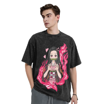Anime Motiv Washed Cotton Tee - Nezuko Heart Demon Slayers