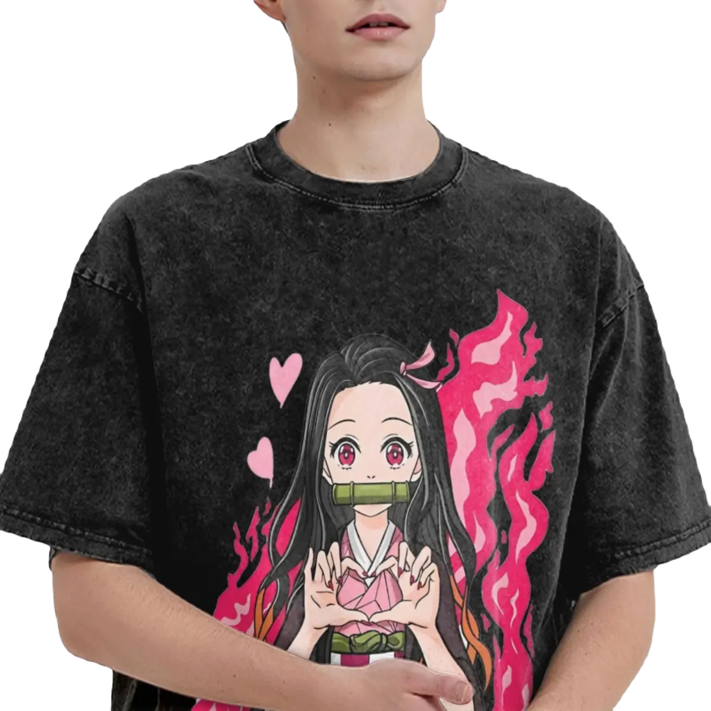 Anime Motiv Washed Cotton Tee - Nezuko Heart Demon Slayers