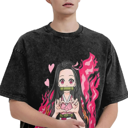 Anime Motiv Washed Cotton Tee - Nezuko Heart Demon Slayers