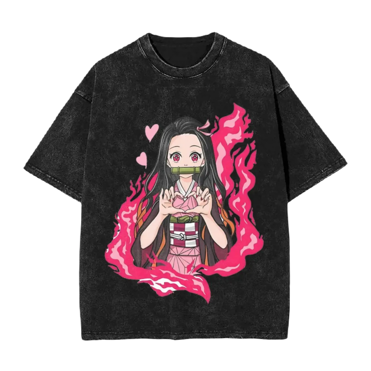 Anime Motiv Washed Cotton Tee - Nezuko Heart Demon Slayers