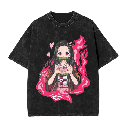 Anime Motiv Washed Cotton Tee - Nezuko Heart Demon Slayers