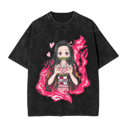 Anime Motiv Washed Cotton Tee - Nezuko Heart Demon Slayers