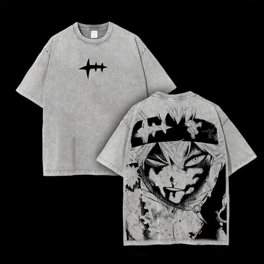 Asta x Black Bulls Black Clover Anime Doppeldruck Vintage Washed T-Shirt Unisex
